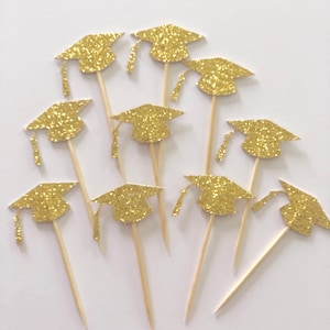 24 Pieces Glitter Gold Graduation Cap Cupcake Toppers, Toothpicks, Graduation Party Decor