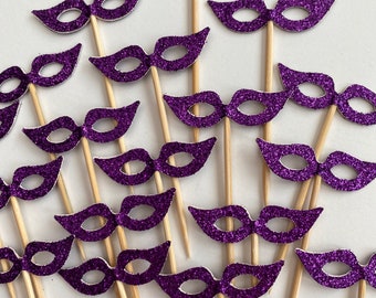 Set of 25 Pcs -Dark Purple Glitter Masquerade Mask Cupcake Toppers - Birthday Party, Weddings, Bridal/Baby Shower Party Picks