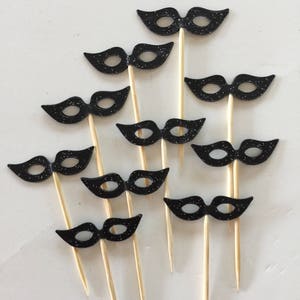 Set of 25 Pcs -Black Glitter Masquerade Mask Cupcake Toppers - Birthday Party, Weddings, Bridal/Baby Shower Party Picks