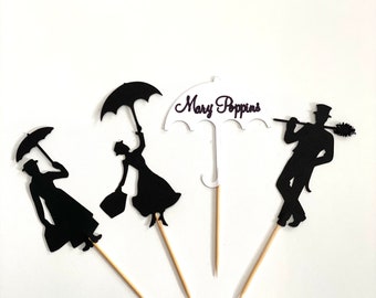 24 Pieces Black Silhouette  Mary Poppins Cupcake Toppers, Birthday Party, Disney Party