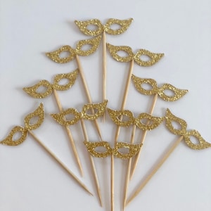 Set of 25 Pcs -Gold Glitter Masquerade Mask Cupcake Toppers - Birthday Party, Weddings, Bridal/Baby Shower Party Picks
