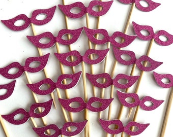 Set of 25 Pcs -Fuschia Glitter Masquerade Mask Cupcake Toppers - Birthday Party, Weddings, Bridal/Baby Shower Party Picks