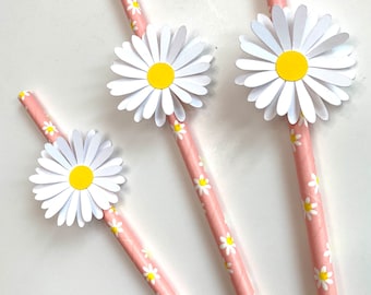 12 Pcs Pink Daisy Straw with White Daisy - Bridal Shower, Wedding Party, Engagement Party, Birthday Party