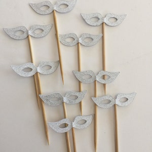 Set of 25 Pcs -Silver Glitter Masquerade Mask Cupcake Toppers - Birthday Party, Weddings, Bridal/Baby Shower Party Picks