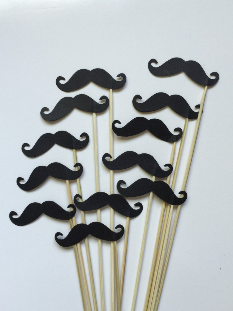 12 Pcs 2 1/4 MUSTACHE Black Photo Booth Props, Birthday Photo Props, Bridal Shower Photo Props, Props on a Skewer Stick, Toppers image 1