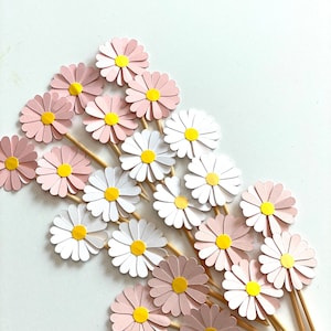 24 Pieces -  Daisy Mix Cupcake Toppers, Birthday Party, Wedding, Bridal Showers - Blush, Pastel Pink, White