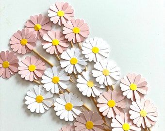 Daisy Cupcake Toppers - Pink and White, Bridal Shower Decorations (24 Pieces)
