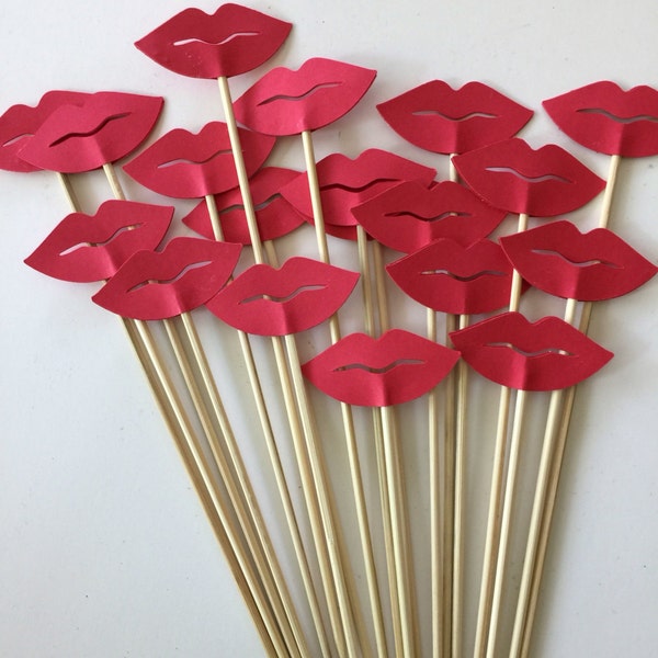 12 Pcs 2" Red Lips - Photo Booth Props, Birthday Photo Props, Bridal Shower Photo Props, Props on a Skewer Stick, Toppers