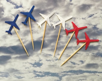 24 Pcs Red-White-Blue Airplane Cupcake Topper- Birthday , Bridal Showers, Wedding Party