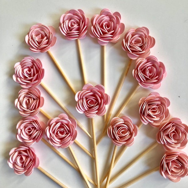 24 Pcs 3D ROSETTES LIGHT PINK Cupcake Toppers - Birthday Party, Cupcake Toppers, Bridal Shower, Wedding