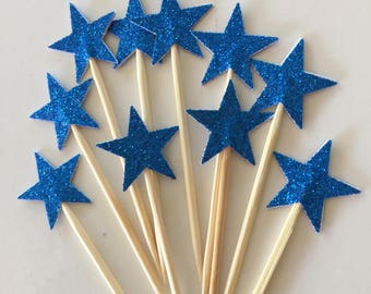 24 Pieces Royal Blue GLITTER STAR Cupcake Toppers, Bridal Showers, Wedding, Table Decor