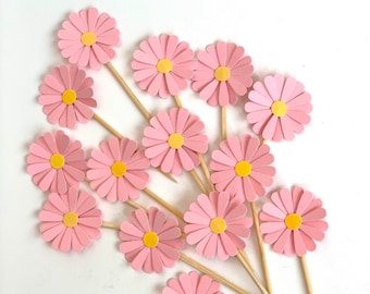 24 Pieces -Pink Daisy Party Picks, Cupcake Toppers, Birthday Party, Wedding, Bridal Showers