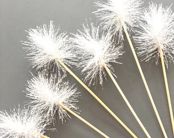 12 Pcs  Small Tinsel White Snow Drink  on Skewer Stick- , Birthday Party, Cake Toppers, Holiday Decor