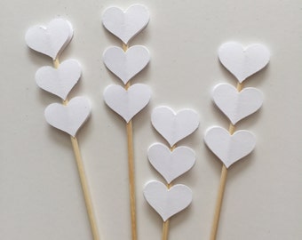 HEART WHITE 12 Pcs - Birthday , Bridal Showers, Wedding Party, Table Center Piece, Hearts on a Skewer Stick, Cupcake Toppers, Do Nuts holder