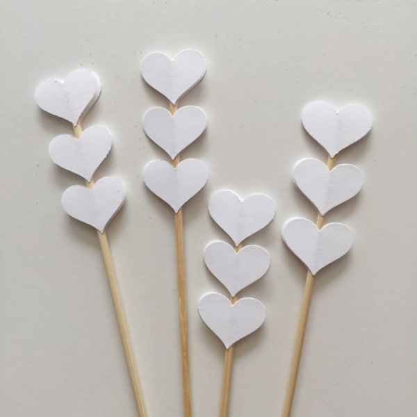 HEART WHITE 12 Pcs - Birthday , Bridal Showers, Wedding Party, Table Center Piece, Hearts on a Skewer Stick, Cupcake Toppers, Do Nuts holder