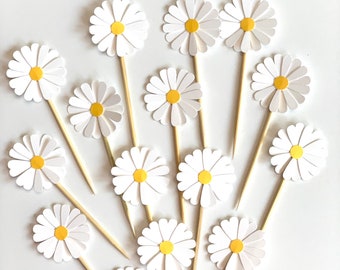 24 Pieces - White Daisy Party Picks, Cupcake Toppers, Birthday Party, Wedding, Bridal Showers