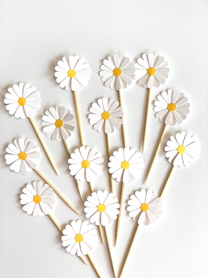 24 Pieces - White Daisy Party Picks, Cupcake Toppers, Birthday Party, Wedding, Bridal Showers 