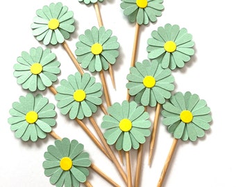 24 Pieces -Mint  Daisy Party Picks, Cupcake Toppers, Birthday Party, Wedding, Bridal Showers