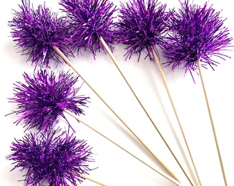 12 Pcs Tinsel PURPLE Drink on Skewer Stick- Cupcake Toppers, Birthday Party, Cake Toppers, Holiday Decor