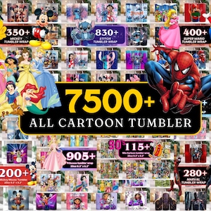 May include: A digital collage showcasing 7500+ cartoon tumbler wrap designs featuring various animated characters like Mickey Mouse, Stitch, Super Mario, Disney princesses, and Spider-Man, with text overlays indicating specific design counts.