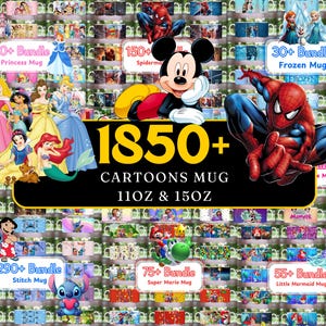 1850+ tecknade muggomslagspaket, 11oz 15oz mugg sublimering PNG, söta karaktärsmuggdesigner, kaffekoppomslag, tecknad omslag, digital nedladdning
