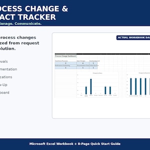 May include: A Process Change & Impact Tracker digital tool featuring a dashboard with data tables and bar charts. The layout includes sections for approvals, documentation, notifications, and follow-up, plus a Microsoft Excel Workbook and 8-Page Quick Start Guide.
