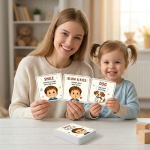 Puede incluir: Un juego de tarjetas educativas cuadradas con coloridas ilustraciones de dibujos animados y texto. Se muestran tres tarjetas con las palabras SMILE, BLOW A KISS y DOG, cada una con instrucciones y gráficos. Una pila de tarjetas idénticas descansa debajo.
