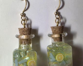 Handmade Resin Glass Bottle Earrings | Miniature Lemonade Dangle Jewelry