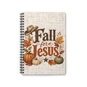 May include: A spiral-bound notebook with a beige textured cover featuring the text Fall for Jesus in brown lettering. The design includes a brown cowboy hat, orange and green pumpkins, a small star, and various autumn leaves in shades of orange, yellow, and brown.