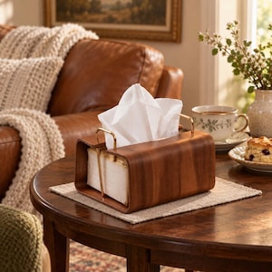 May include: A rectangular tissue box holder crafted from smooth, dark brown wood with a curved design. It features a gold-toned metal frame that secures the stack of white paper tissues in place, allowing for easy access from the top opening.