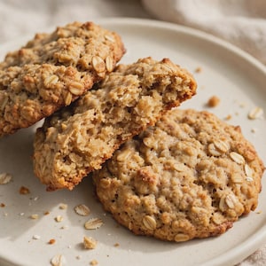 Puede incluir: Tres galletas de avena de color marrón dorado con una superficie rugosa y texturizada con copos de avena visibles. Una galleta está partida por la mitad, revelando un interior suave y poroso. Las galletas están en un plato claro con copos.