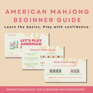 May include: An American Mahjong beginner guide in PDF and PowerPoint format. The document features pink text on a light background, including the title, instructions on building hands, example groupings, and tips on which tiles to keep or discard.