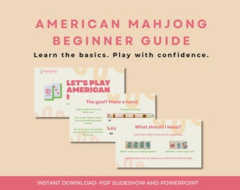 Può includere: Una guida per principianti al Mahjong americano in formato PDF e PowerPoint. Il documento presenta testo rosa su sfondo chiaro, includendo il titolo, istruzioni per formare le mani, esempi di combinazioni e consigli di gioco.