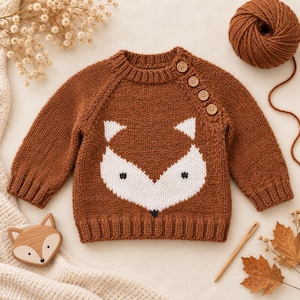 May include: A rust-colored long-sleeve knit sweater featuring a white fox face graphic on the front. The sweater has a ribbed crew neckline, ribbed cuffs, and a ribbed hem. Four small wooden buttons are aligned along the left shoulder seam.