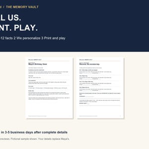 May include: A dark blue and cream informational graphic featuring the text WitLocked / THE MEMORY VAULT, TELL US. PRINT. PLAY. 1 Send 8-12 facts 2 We personalize 3 Print and play. Two white pages show a fictional game titled Maya's Birthday Heist.