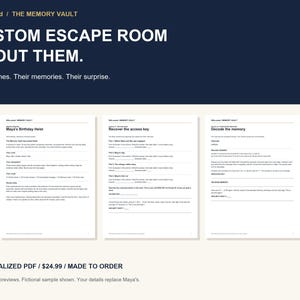 May include: Three white pages of a custom escape room game titled The Memory Vault. The text includes Maya's Birthday Heist, Recover the access key, and Decode the memory. The pages feature instructions, fill-in-the-blank lines, and logic puzzles.