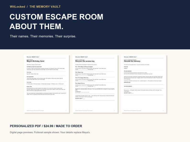 May include: Three white pages of a custom escape room game titled The Memory Vault. The text includes Maya's Birthday Heist, Recover the access key, and Decode the memory. The pages feature instructions, fill-in-the-blank lines, and logic puzzles.