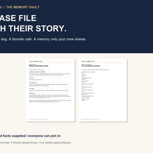 May include: A digital preview of two white pages from a WitLocked Memory Vault case file. The left page is titled Maya's Birthday Heist, and the right page is titled The evidence archive. The text includes instructions and lists of items.