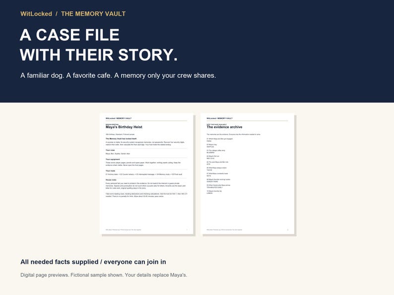 May include: A digital preview of two white pages from a WitLocked Memory Vault case file. The left page is titled Maya's Birthday Heist, and the right page is titled The evidence archive. The text includes instructions and lists of items.