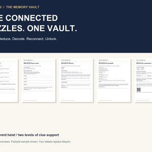 May include: A set of five white puzzle sheets titled WitLocked / THE MEMORY VAULT, featuring the text FIVE CONNECTED PUZZLES. ONE VAULT. Extract. Deduce. Decode. Reconnect. Unlock. Each sheet contains structured text fields for solving clues.