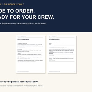 May include: Two white digital document pages with black text titled Maya's Birthday Heist and Decode the memory. The top banner reads WitLocked / THE MEMORY VAULT, MADE TO ORDER. READY FOR YOUR CREW. Relaxed or Standard / one small correction round included.
