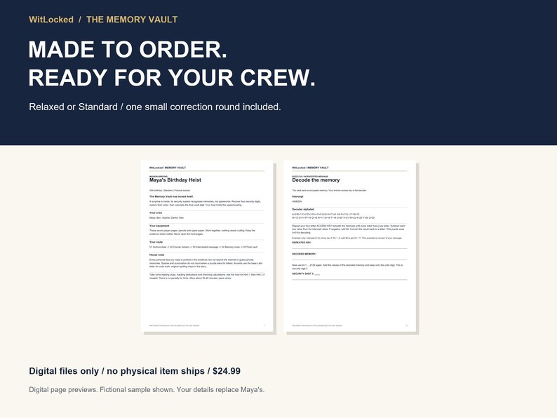 May include: Two white digital document pages with black text titled Maya's Birthday Heist and Decode the memory. The top banner reads WitLocked / THE MEMORY VAULT, MADE TO ORDER. READY FOR YOUR CREW. Relaxed or Standard / one small correction round included.