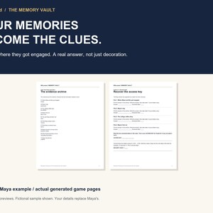 May include: Two white paper pages from the WitLocked Memory Vault game. The left page is titled The evidence archive, and the right page is titled Recover the access key. Both pages contain black text with lists of questions and blank lines for answers.