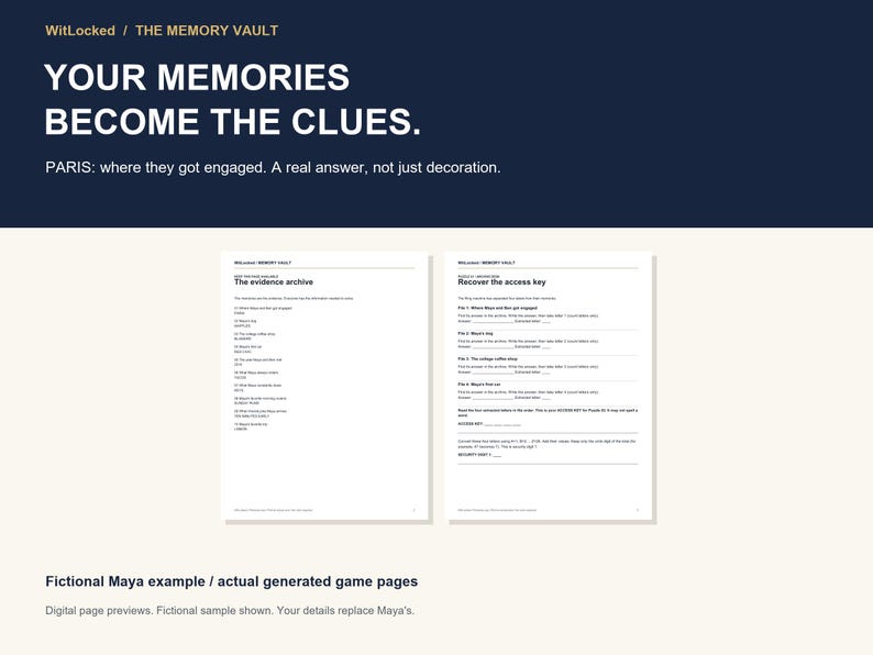 May include: Two white paper pages from the WitLocked Memory Vault game. The left page is titled The evidence archive, and the right page is titled Recover the access key. Both pages contain black text with lists of questions and blank lines for answers.
