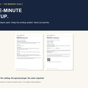 May include: A WitLocked The Memory Vault game kit featuring two white printed pages with black text. The top section displays Five-Minute Setup instructions. The pages include Maya's Birthday Heist and Restore the combination with a QR code.