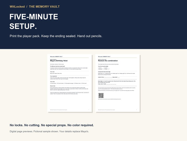 May include: A WitLocked The Memory Vault game kit featuring two white printed pages with black text. The top section displays Five-Minute Setup instructions. The pages include Maya's Birthday Heist and Restore the combination with a QR code.