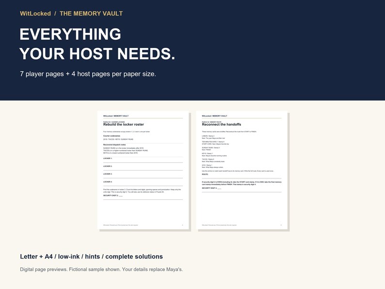 May include: A digital game kit titled WitLocked: The Memory Vault featuring two white pages with black text. The pages include sections for Rebuild the locker roster and Reconnect the handoffs, with lines for notes and security digits for game play.