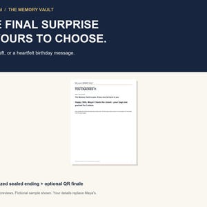 May include: A digital document preview titled WitLocked / THE MEMORY VAULT featuring the text THE FINAL SURPRISE IS YOUR TO CHOOSE. A trip, a gift, or a heartfelt birthday message. Below, a white page displays YOU CRACKED IT and a message for Maya.