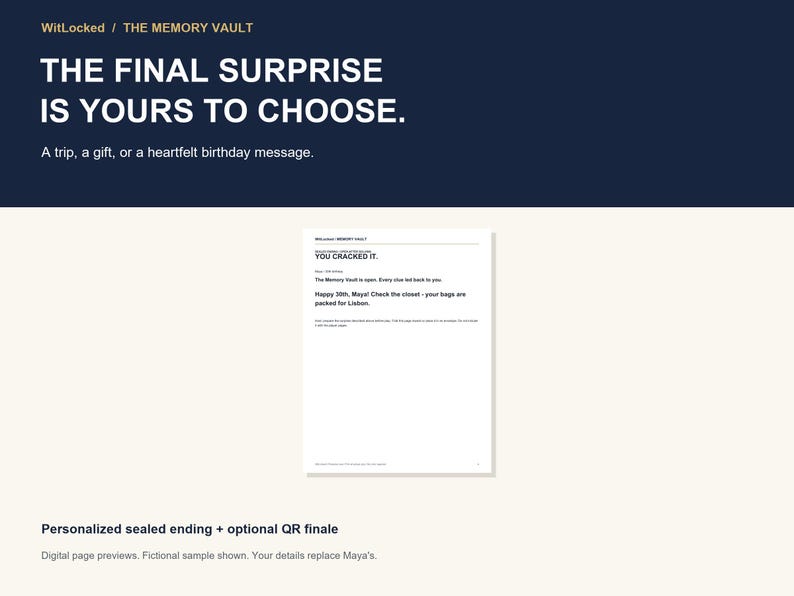 May include: A digital document preview titled WitLocked / THE MEMORY VAULT featuring the text THE FINAL SURPRISE IS YOUR TO CHOOSE. A trip, a gift, or a heartfelt birthday message. Below, a white page displays YOU CRACKED IT and a message for Maya.