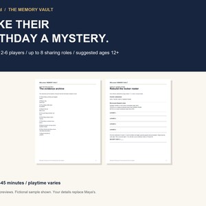 May include: A WitLocked The Memory Vault game set featuring two white pages with black text. The top page displays the title Make Their Birthday A Mystery, player counts, and age recommendations. The bottom shows two document previews titled The Evidence Archive and Rebuild The Locker Roster with lines for notes.